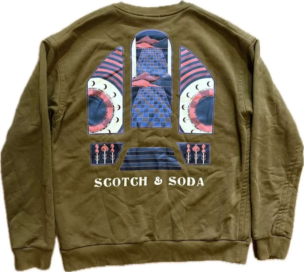 Scotch & Soda Organic Cotton Brown Graphic Crewneck Sweatshirt Men XXL 2XL